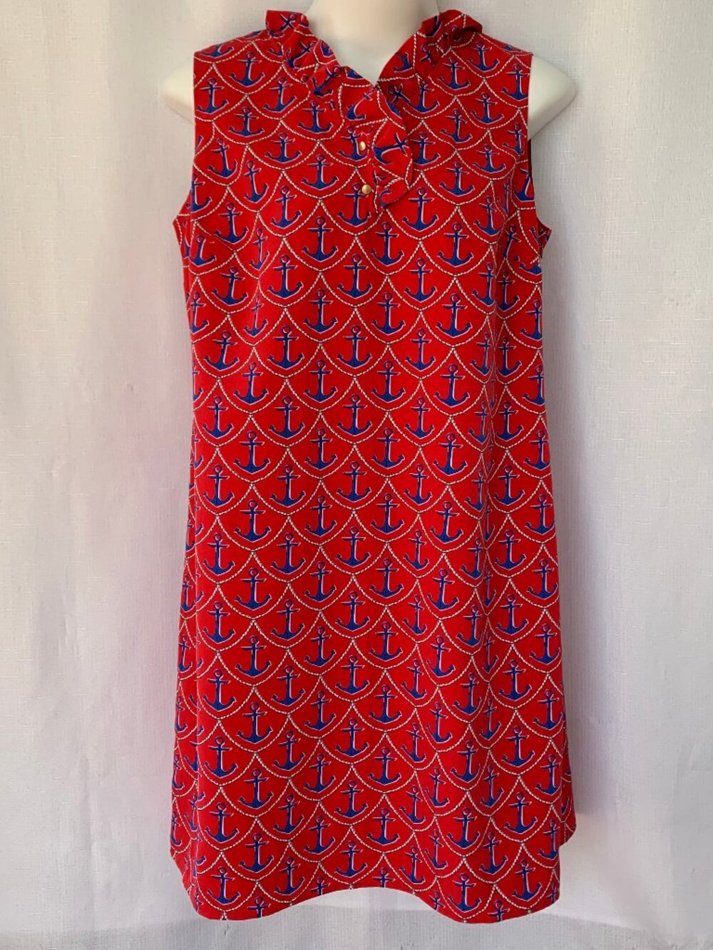 TALBOTS Anchor Print Nautical Ruffle Trim Lined Shift Dress No Size Tag